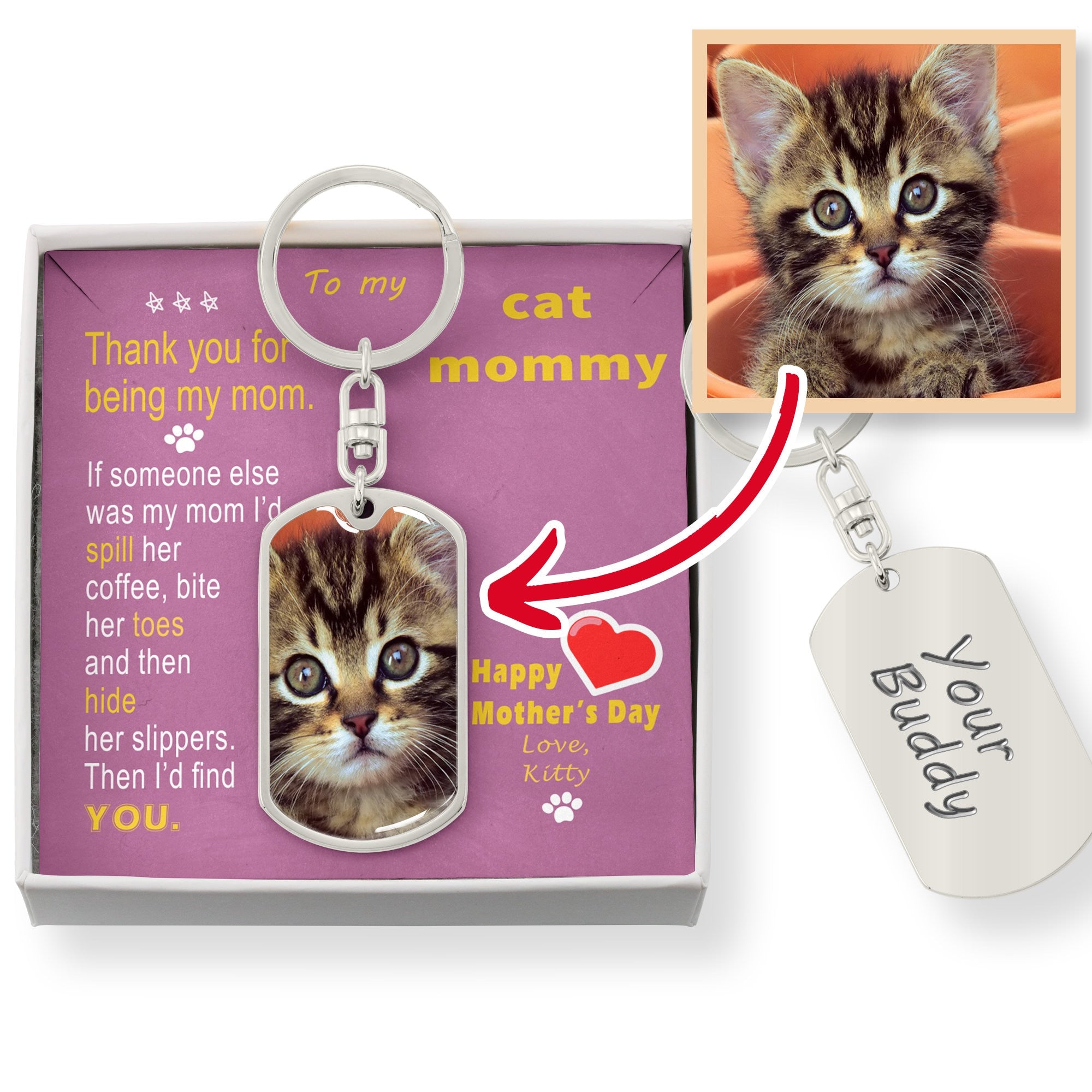To Cat Mom - Thank you - from Kitty Cat - Custom Photo Dog Tag Keychain